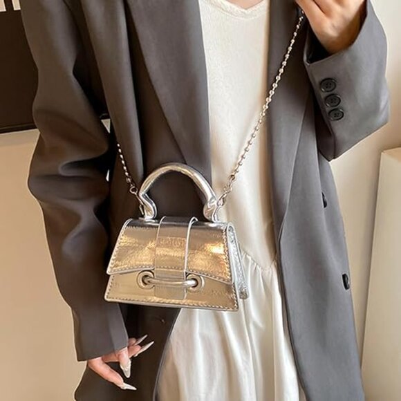 Neiman Marcus Glossy PU Leather Silver Mini Top Handle Crossbody Bag